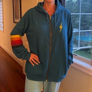 Aviator Nation Teal Hoodie with Rainbow Sleeve Stripes